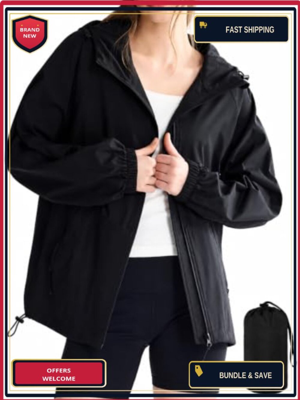 Women's Waterproof Packable Zip Up Rain Jacket with Hood